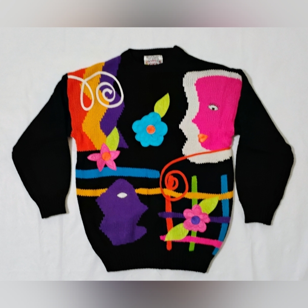 Women's Vintage Cherry Stix Ltd Hand Knitted Multicolor Design Sweater Size L